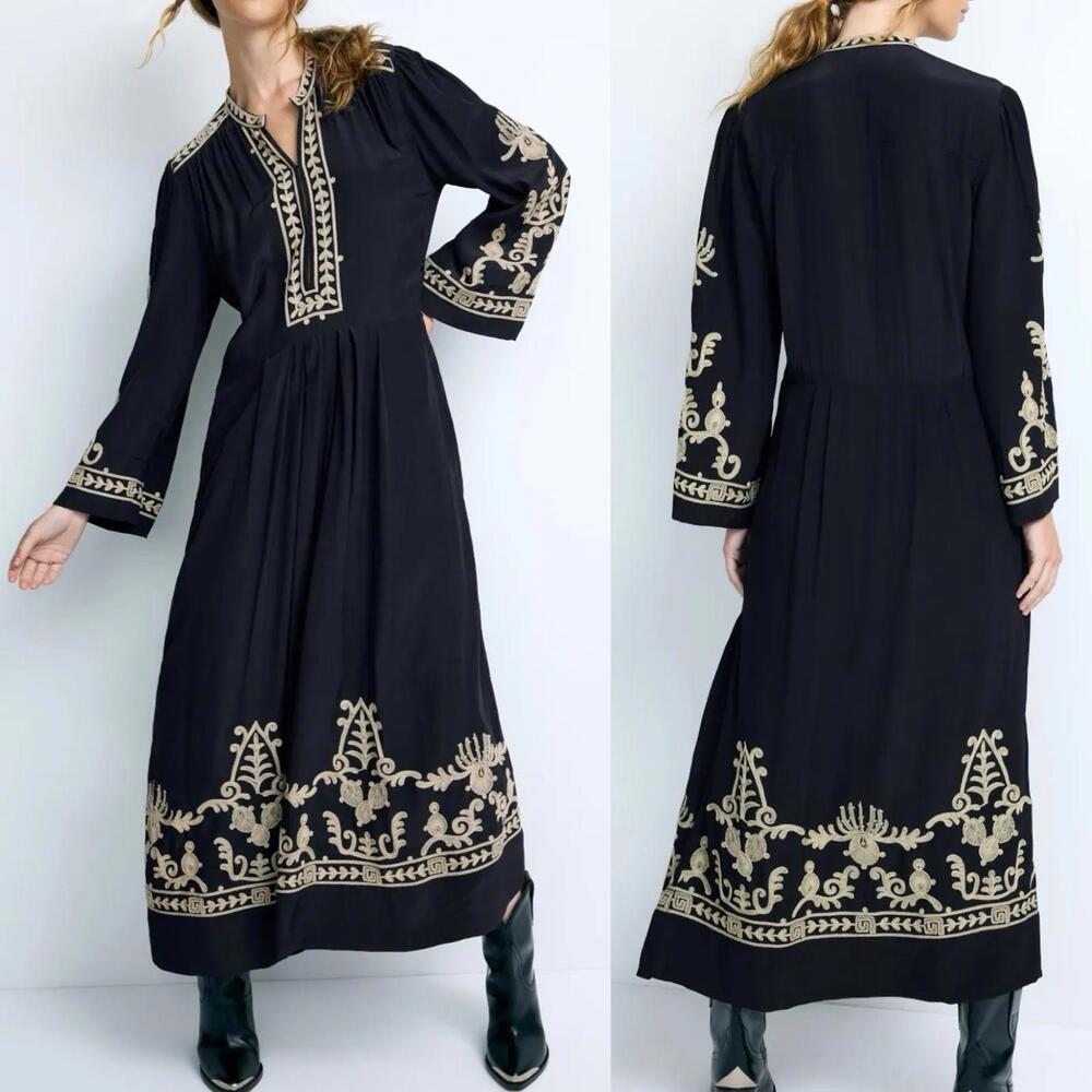 $950 Isabel Marant Etoile Embroidered Crepe 'Feliana' Midi Dress Sz: 34 US 2 - Picture 2 of 15